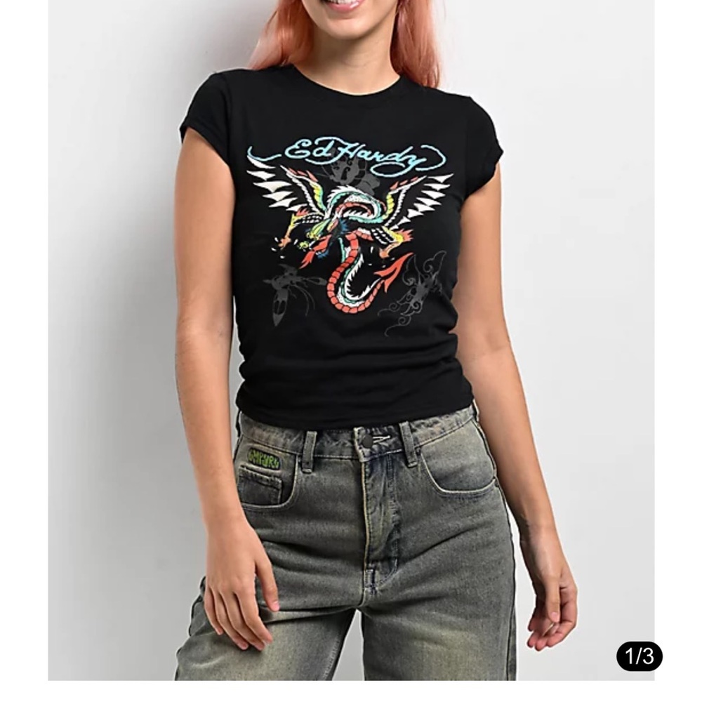 Ed Hardy Black Tee with Vibrant Dragon Design